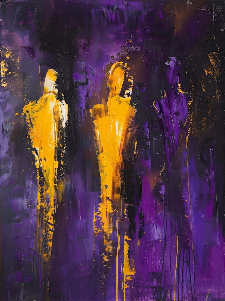 Three Men In Purple And Yellow