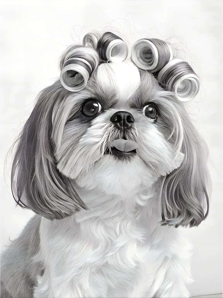 Shih Tzu Dog With Hair Curlers On Its Head