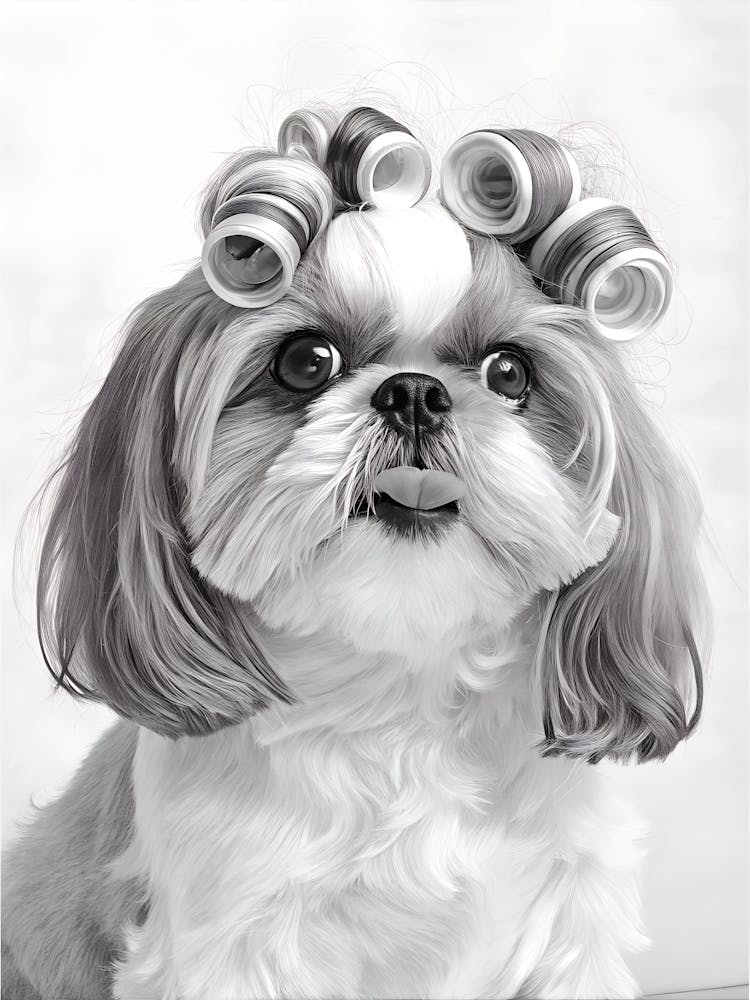 Shih Tzu Dog With Hair Curlers On Its Head