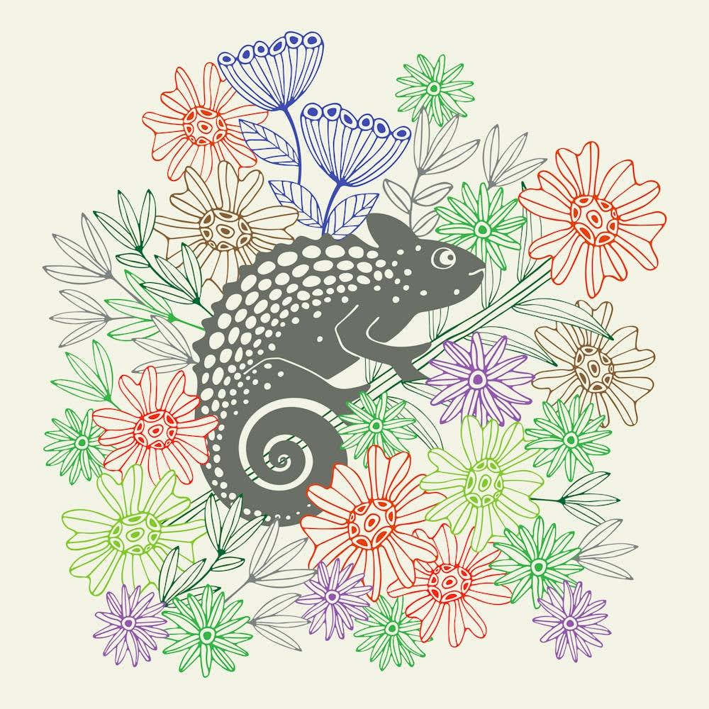 CHAMELEONS JUST WANNA HAVE FUN Cute Rainforest Reptile Line-Drawing Floral in Retro Gray Red Purple Blue Green