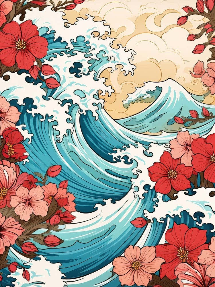 Great Wave With Petunia Flower Drawing In The Style Of Ukiyo E 3