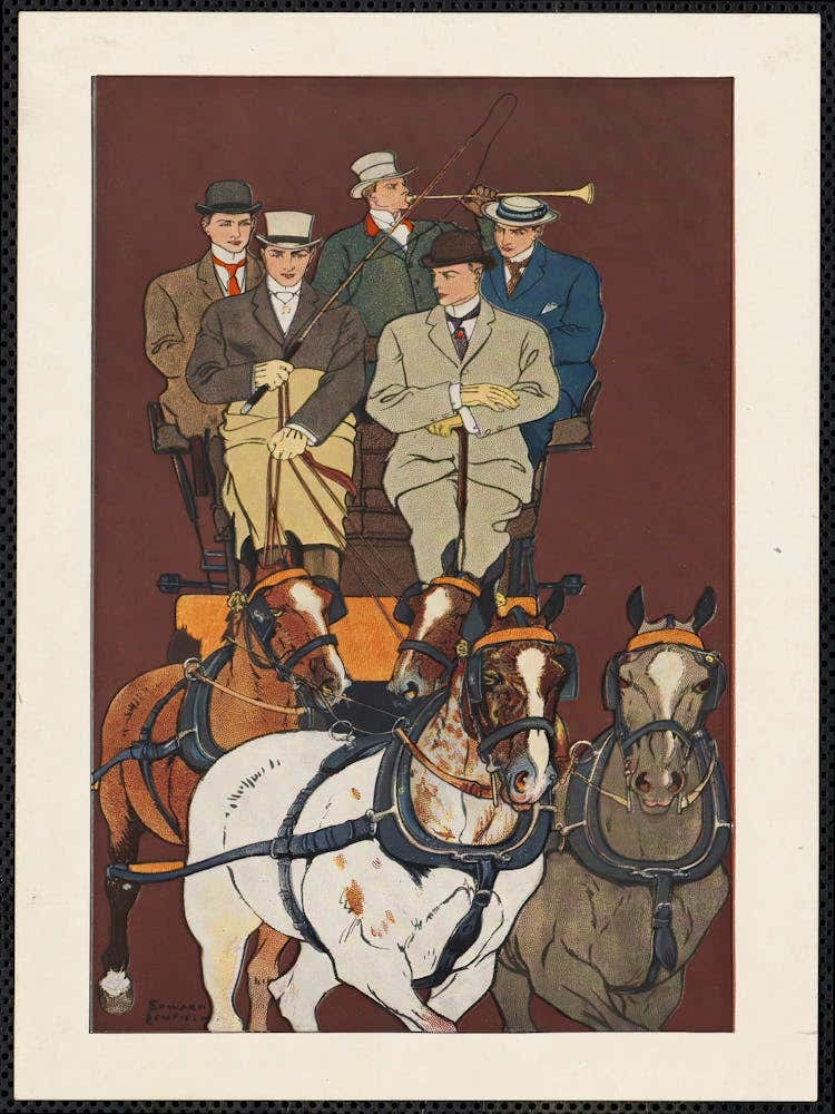Five Men Riding In A Carriage Drawn By Four Horses, Edward Penfield