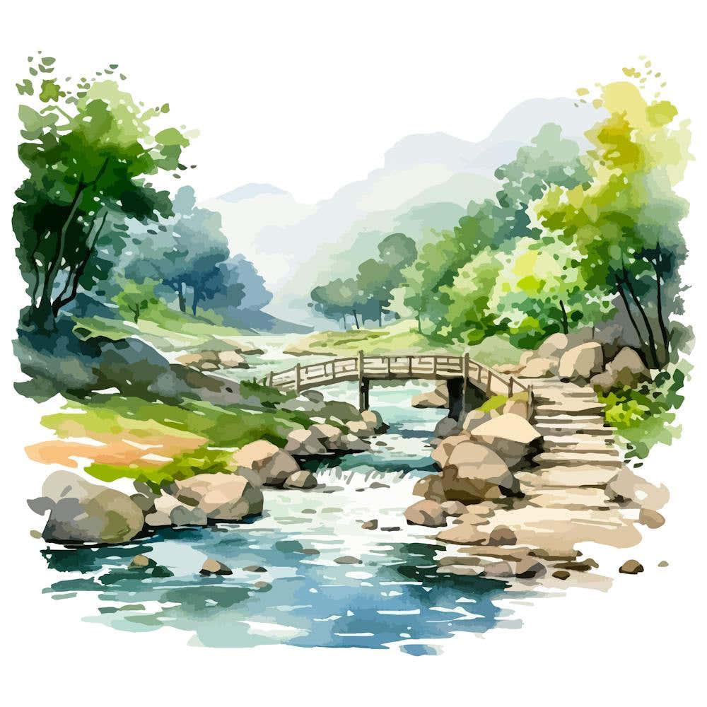 Watercolor Landscape With Bridge