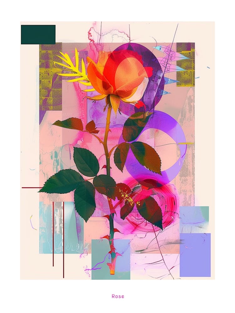 Rose 3 Neon Flower Collage Poster
