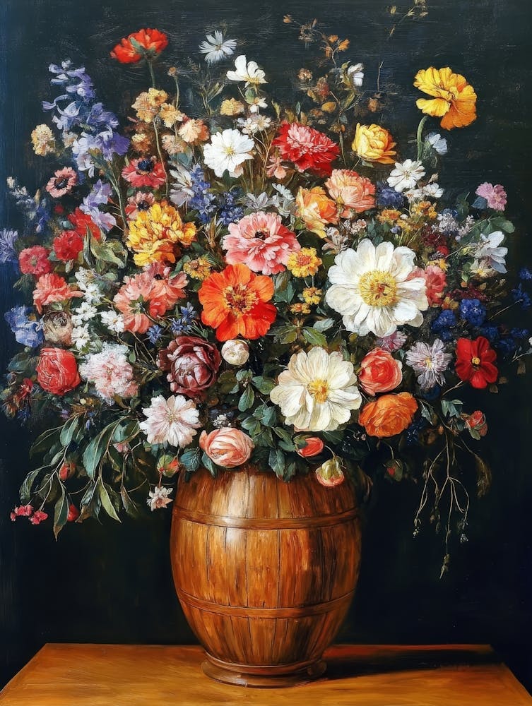 Large Flower Bouquet In Wooden Vase