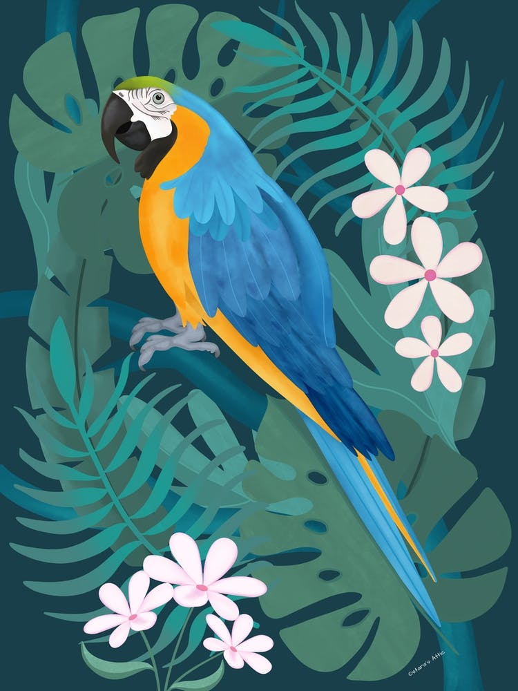 Blue And Gold Macaw Parrot With Tropical Leaves