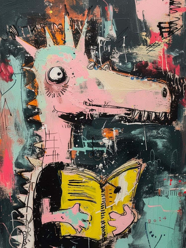 Dinosaur Reading A Book Pink Blue Graffiti Brushstroke 2