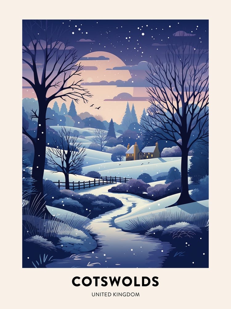 Winter Night  Travel Poster Cotswolds United Kingdom 2