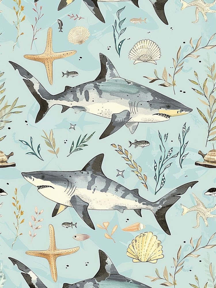 Pastel Blue Bull Shark Watercolour Seascape Pattern 2
