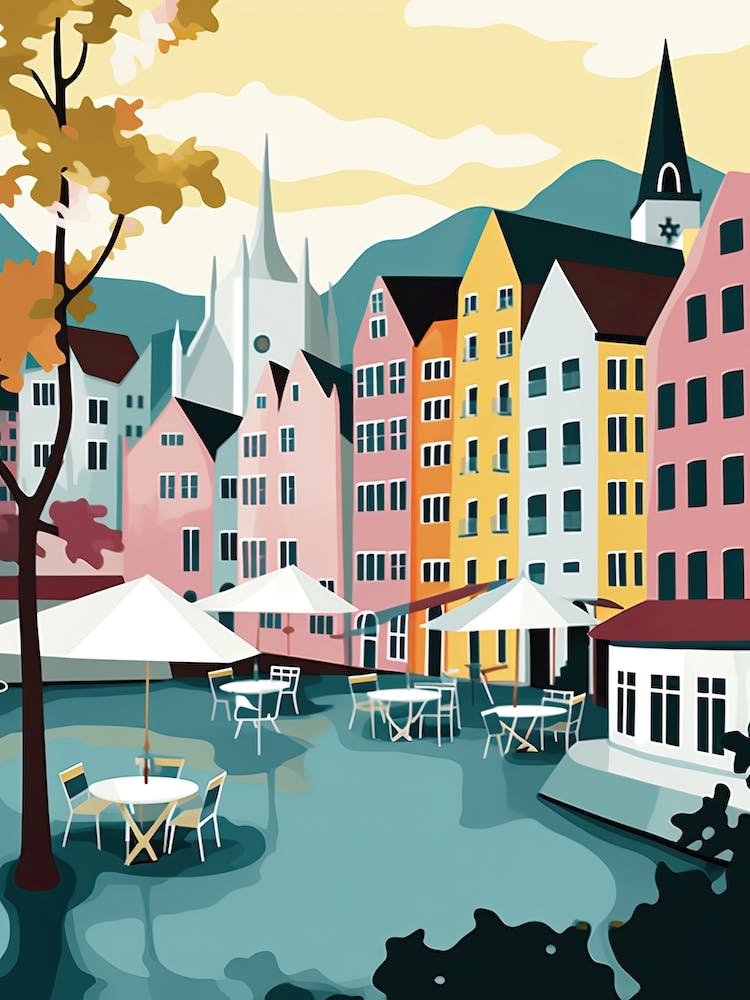 Bergen, Norway, Flat Pastels Tones Illustration 2