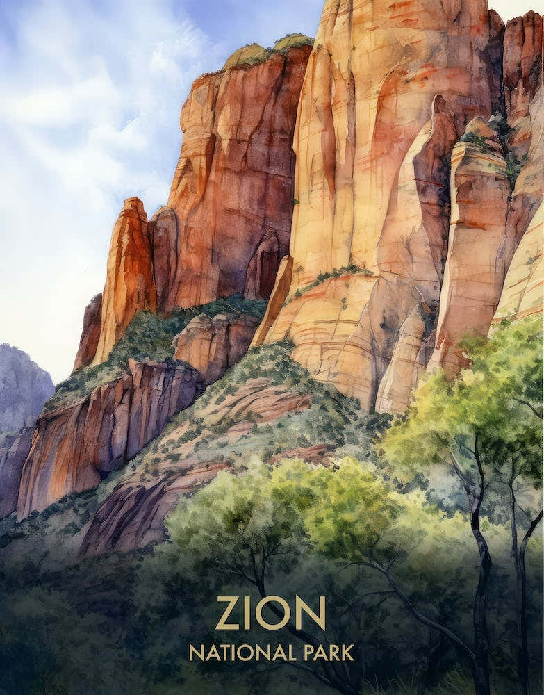 Zion National Park Watercolour Vintage Travel Poster 2
