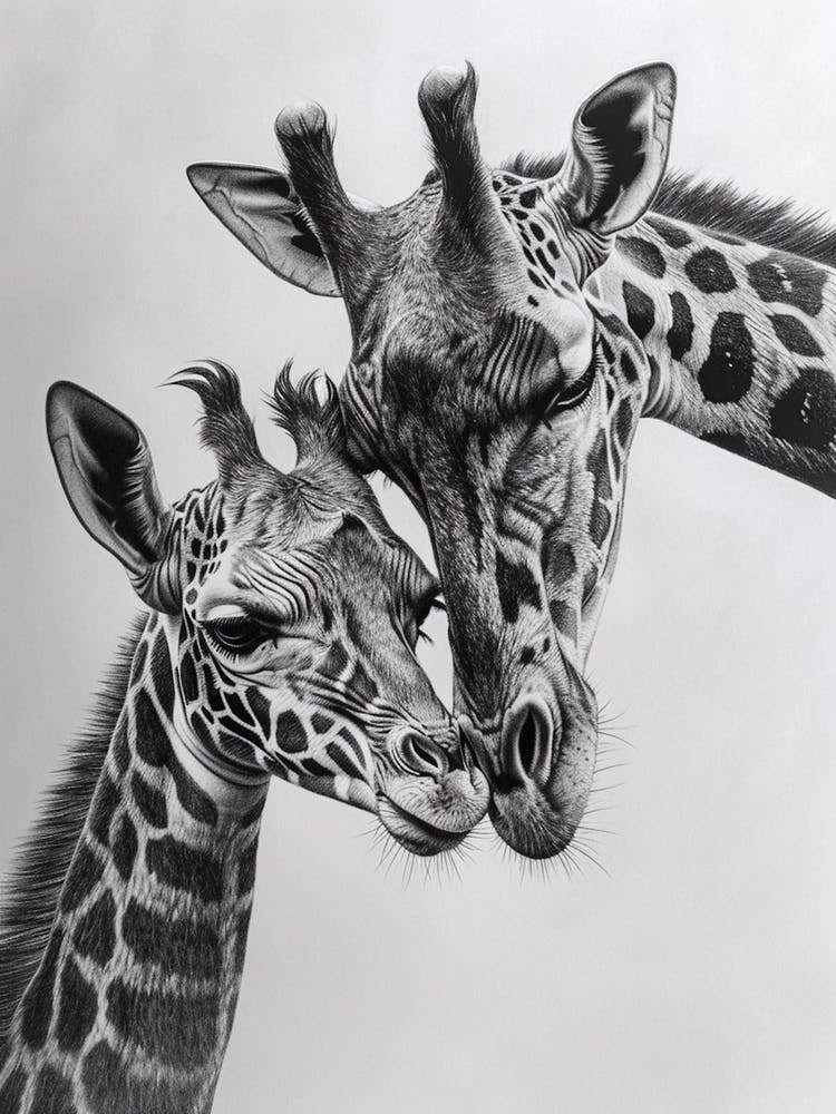 Pencil Portrait Of Giraffe Mother & Calf 3