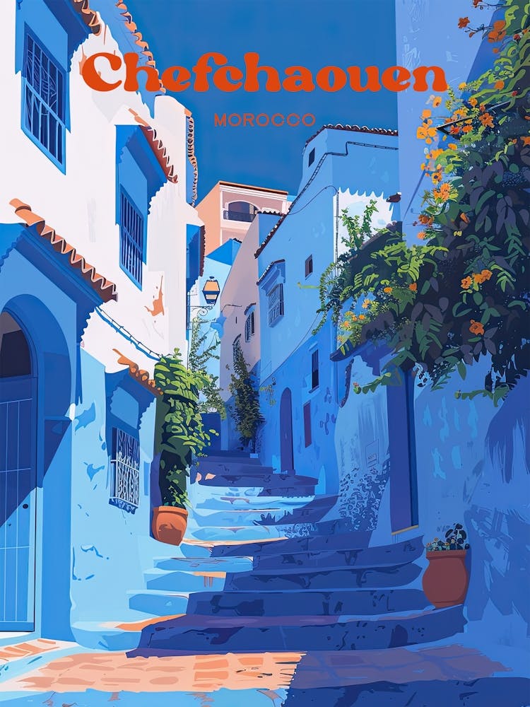 Chefchaouen Morocco Blue City Travel Art Illustration