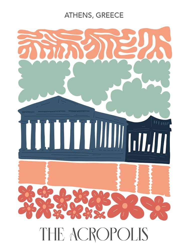 The Acropolis   Athens, Greece, Travel Poster In Cute Illustration