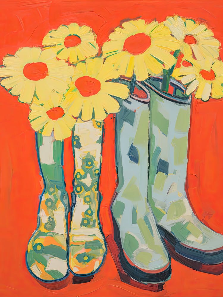 Painting Of Yellow Flowers And Cowboy Boots, Oil Style 7