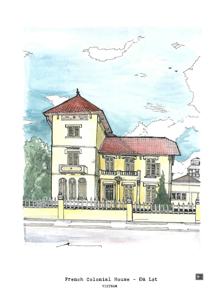 French Colonial House Dalat Vietnam Watercolor Illustration