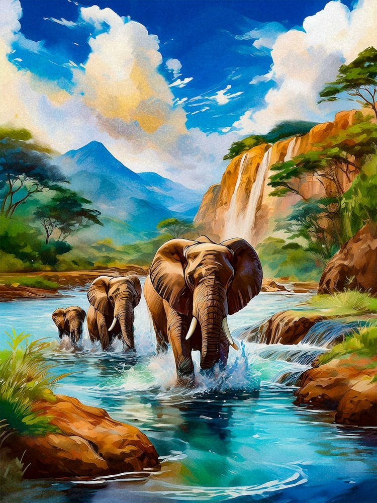Elephants Crossing River