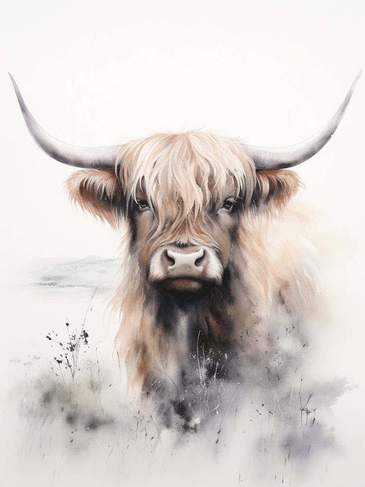 Neutral Watercolour Portrait Of Highland Cow 3