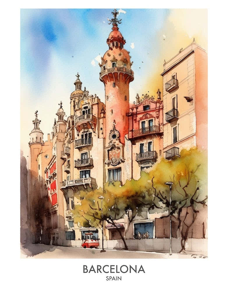 Barcelona Watercolour Travel Poster 3