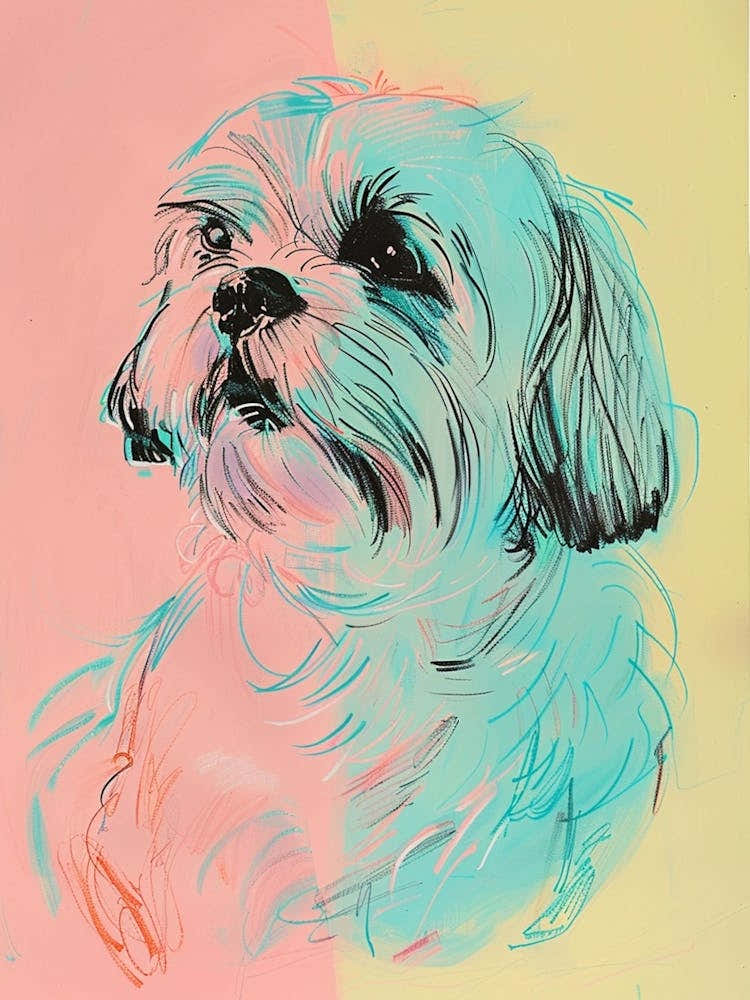 Pastel Tibetan Spaniel Dog Pastel Line Illustration  4