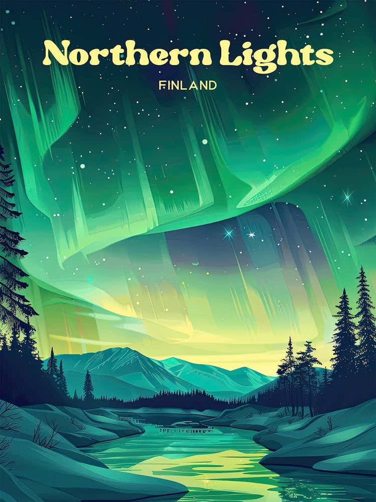 Northern Lights Finland Aurora Borealis Travel Art