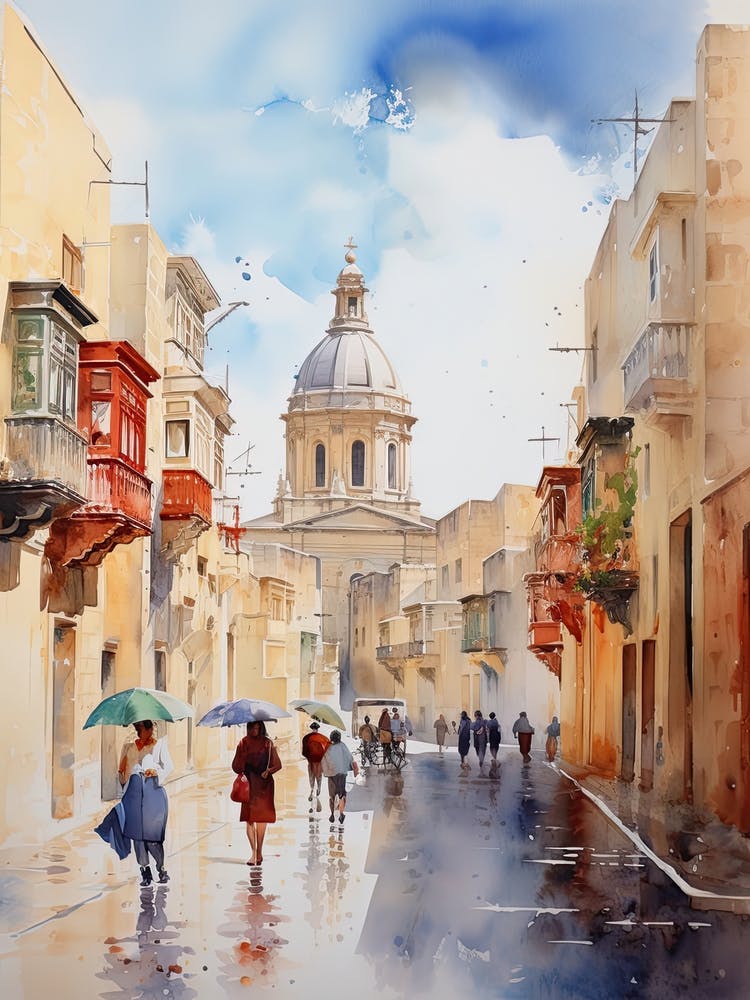 Valletta Malta In Autumn Fall, Watercolour 3