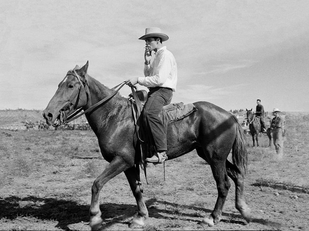 Cowboy On Horseback, Smoking Cigarette, Western, Vintage Black and White Old Photo
