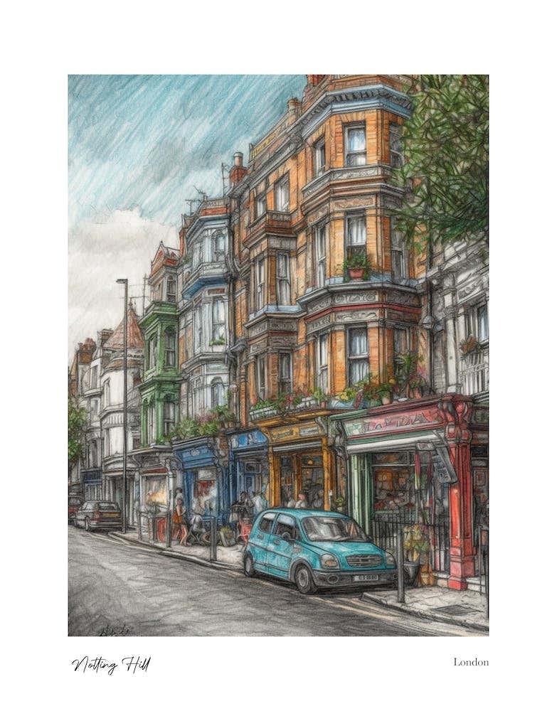 Notting Hill London Pencil Sketch 1 Watercolour Travel Poster