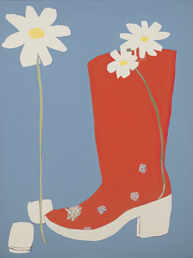 A Painting Of Cowboy Boots With Daisies Flowers, Pop Art Style 10