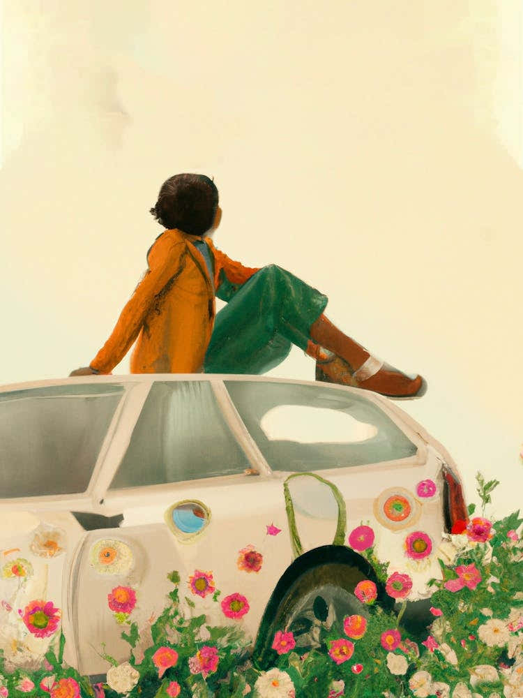 Thoughtful Woman Sitting On Car Roof By Flowers Autumn Colours