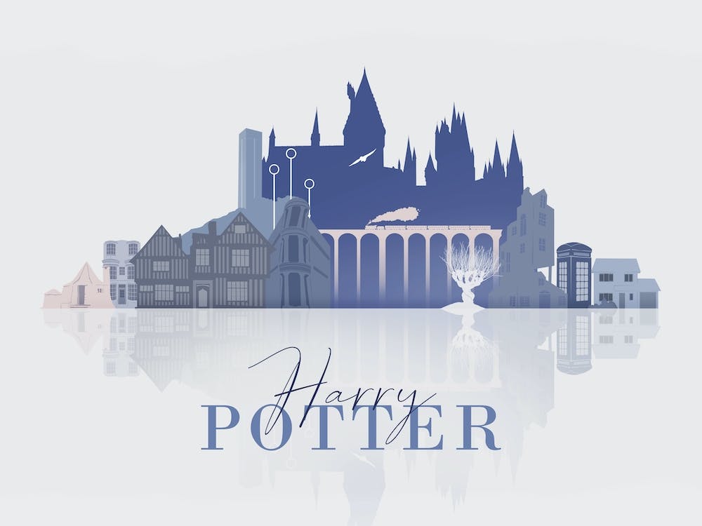 Harry Potter Skyline Print in Blue/Grey - Harry Potter Nursery Art, Harry Potter Gift, Harry Potters, Harry Potter Decor, Hogwarts Print.
