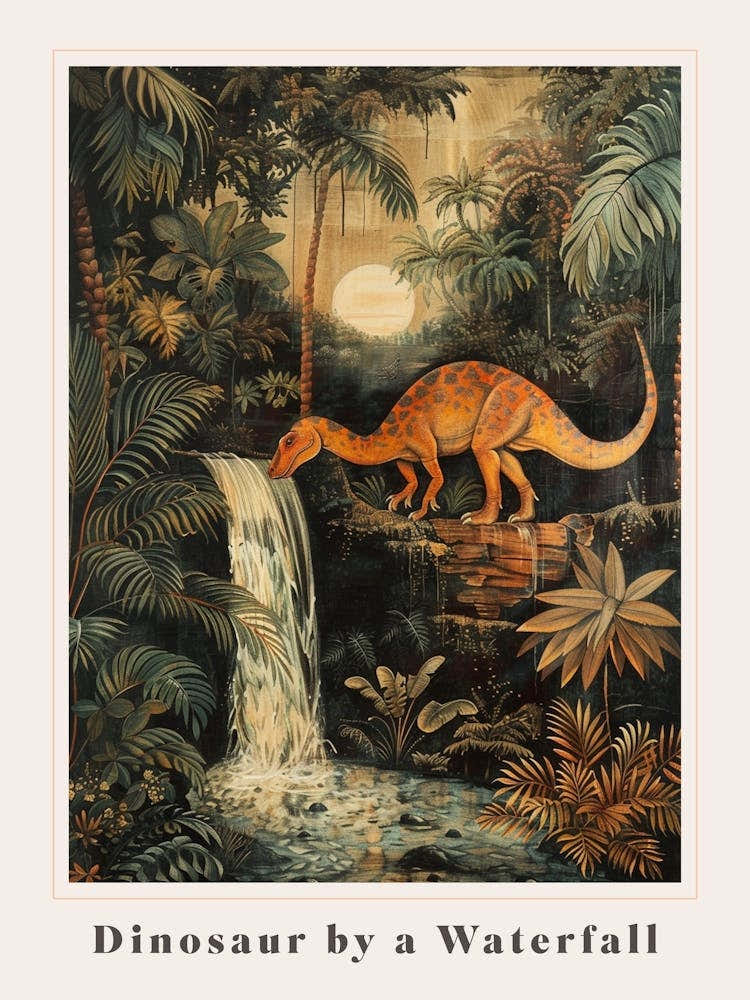 Dinosaur By A Waterfall Painting 4 Poster