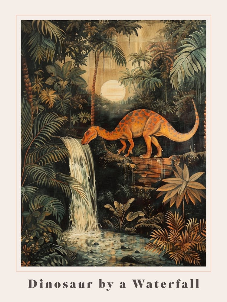 Dinosaur By A Waterfall Painting 4 Poster