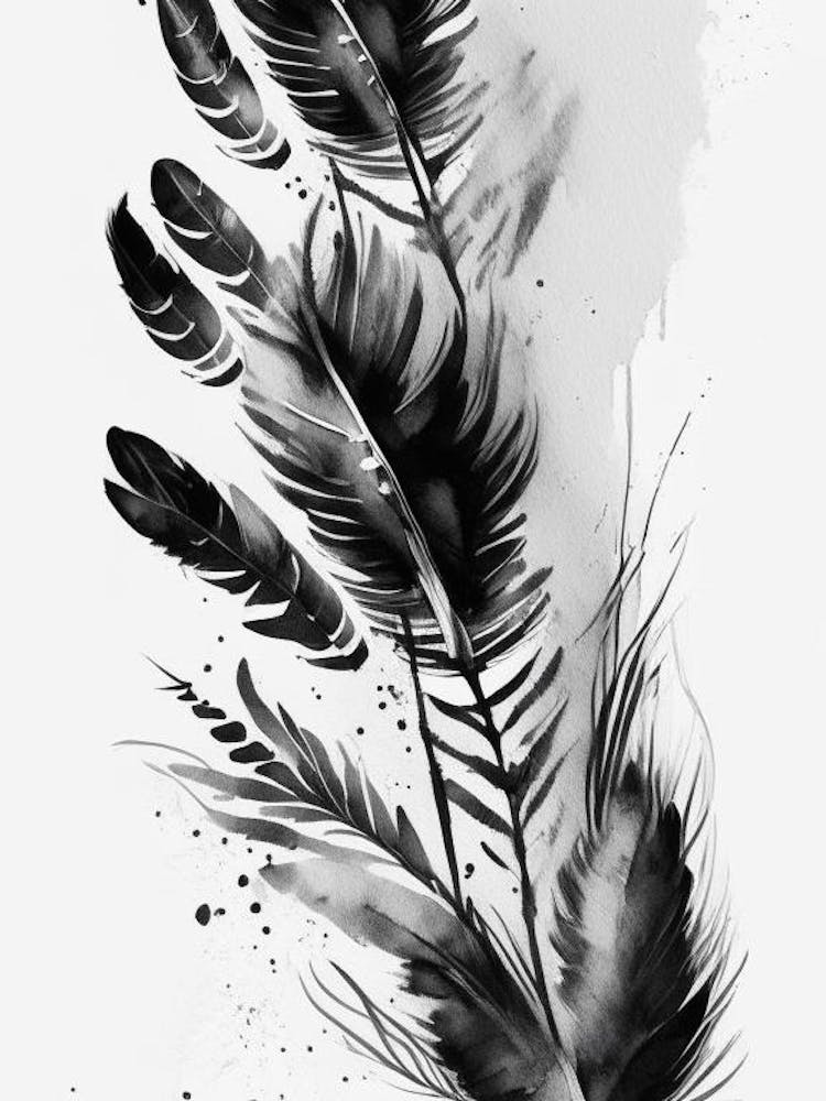 Feather And Birds Symbol Black And White Painting