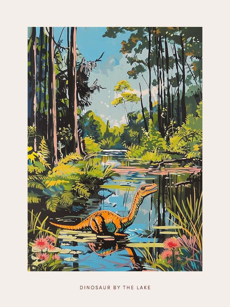 Dinosaur In A Woodland Lake Painting Poster