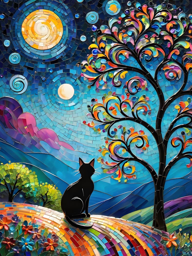 Soon the Eclipse! Beautiful Rainbow Mosiac of Whimsical Black Cat Watching the Sun and Moon Whimsy Kitty Art for Cat Lover, Cat Lady, Chakra Pride Pagan Witch Tarot Astrology Colorful HD
