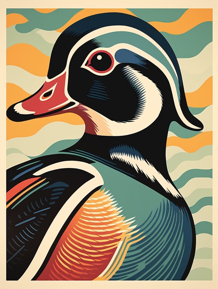 Vintage Bird Linocut Wood Duck 3