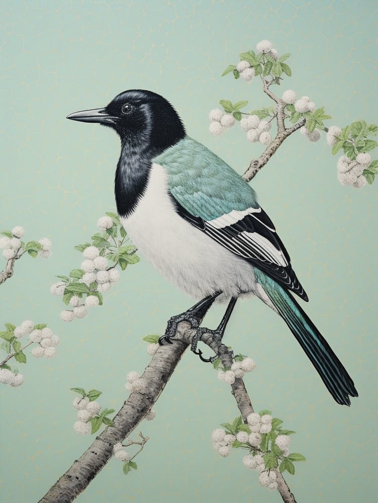 Ohara Koson Inspired Bird Painting Magpie 7