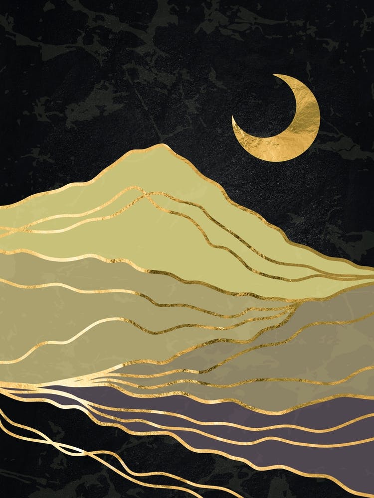 Gold Mountains And Moon - Golden landscape with moon #6, Japanese gold poster