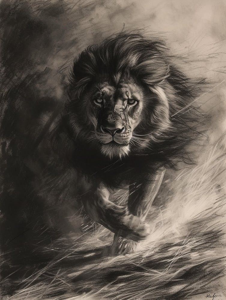 Barbary Lion Charcoal Drawing Hunting 4