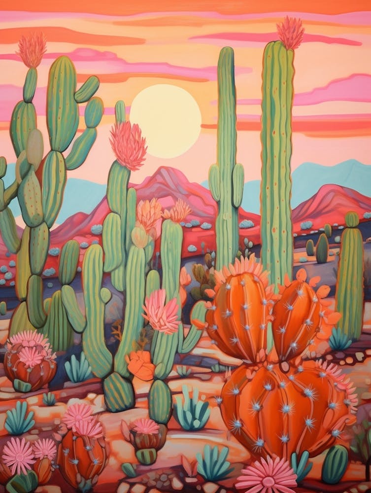 Cactus In The Desert Painting Ferocactus 1
