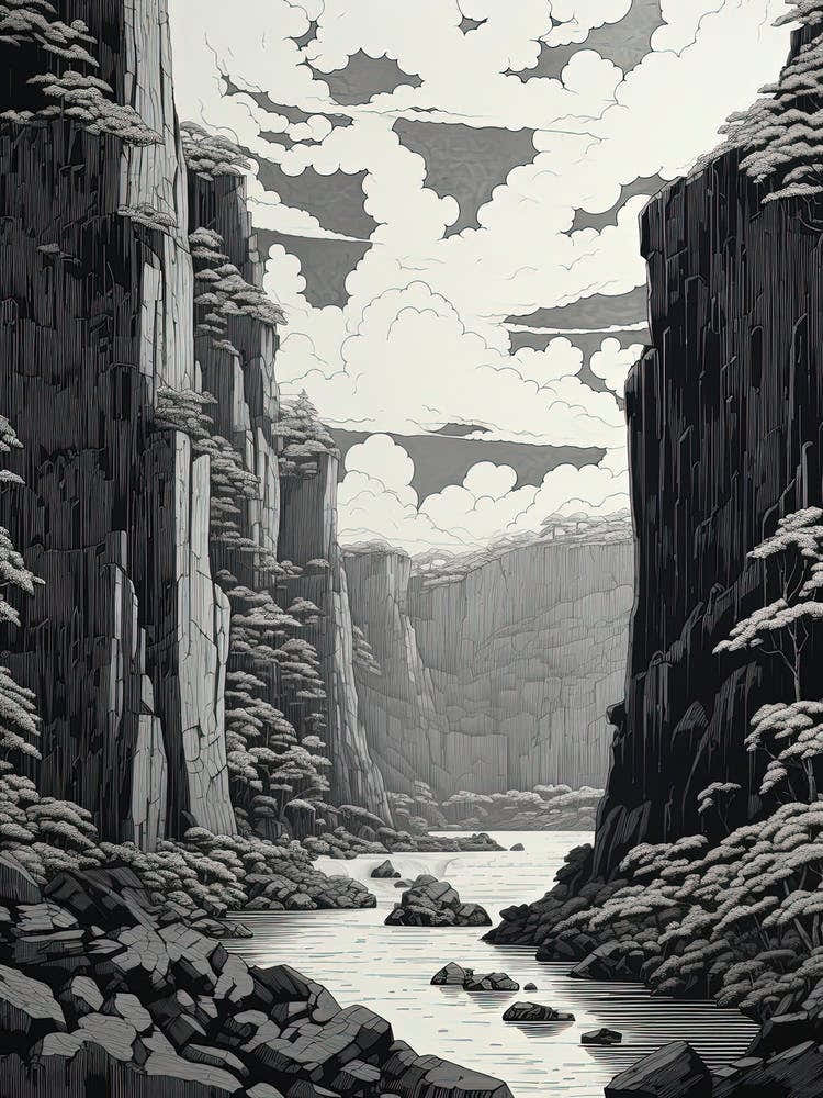 Tojinbo Cliffs In Fukui, Ukiyo E Black And White Line Art Drawing 4