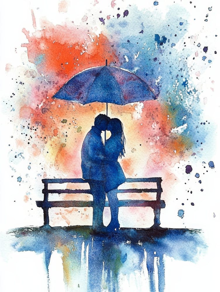 Happy Couple Lover Kissing Under The Umbrella, Wedding Card Or Engagement