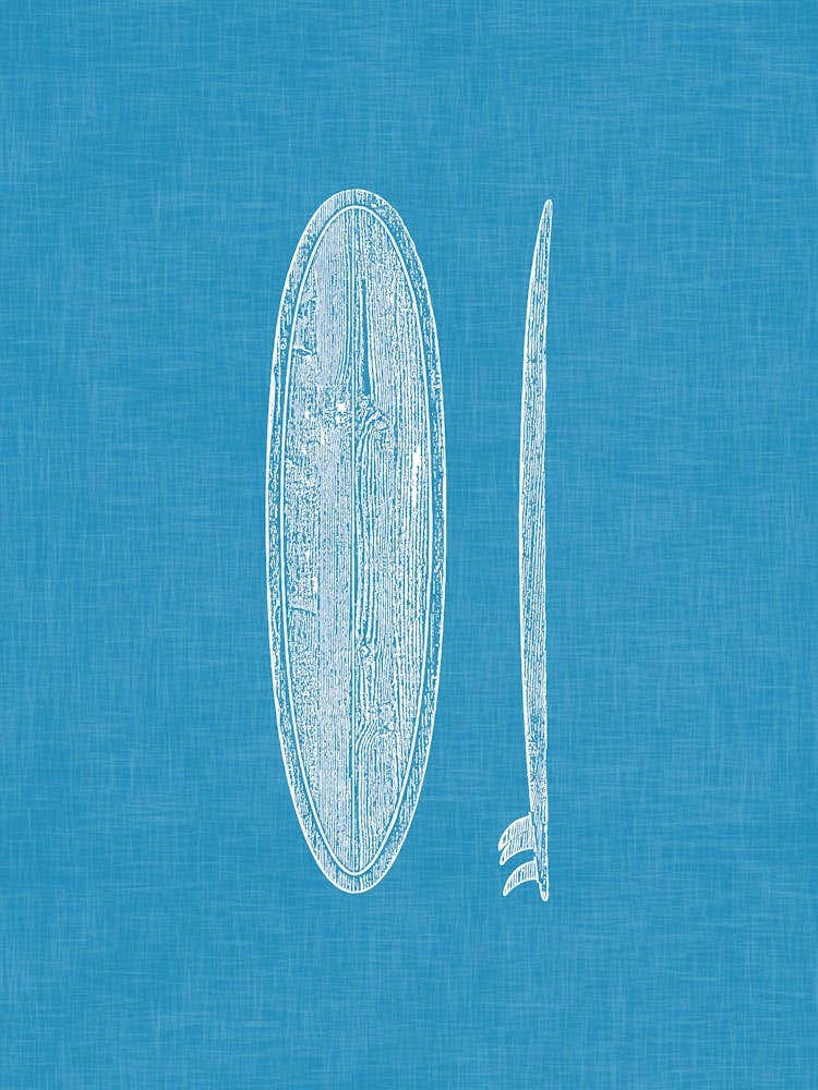 Vintage Surfboard Silhouette On Ocean Blue Linen Texture