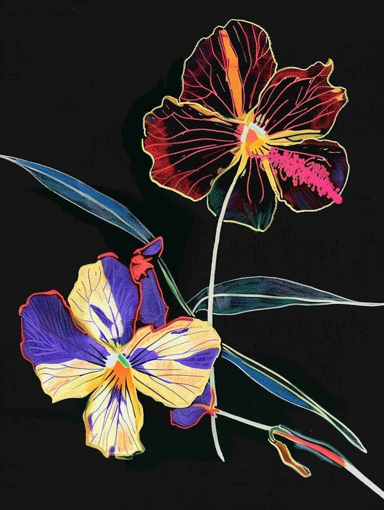Neon Flowers On Black Wild Pansy 3