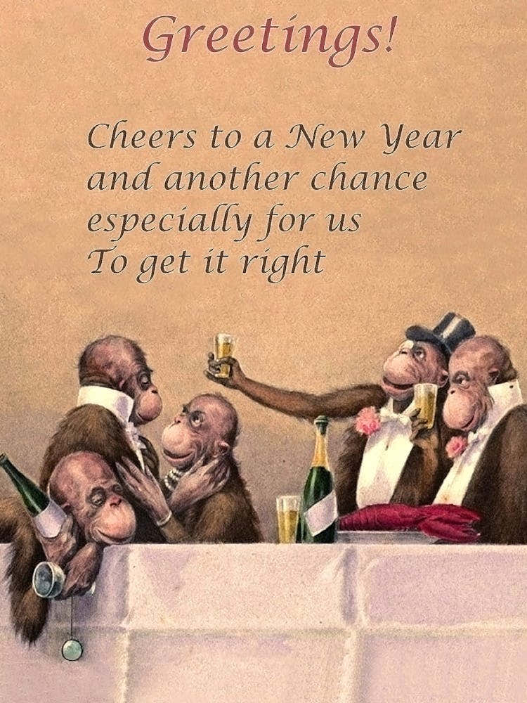Group Of Monkeys Drinking Champagne, With Holiday Quote