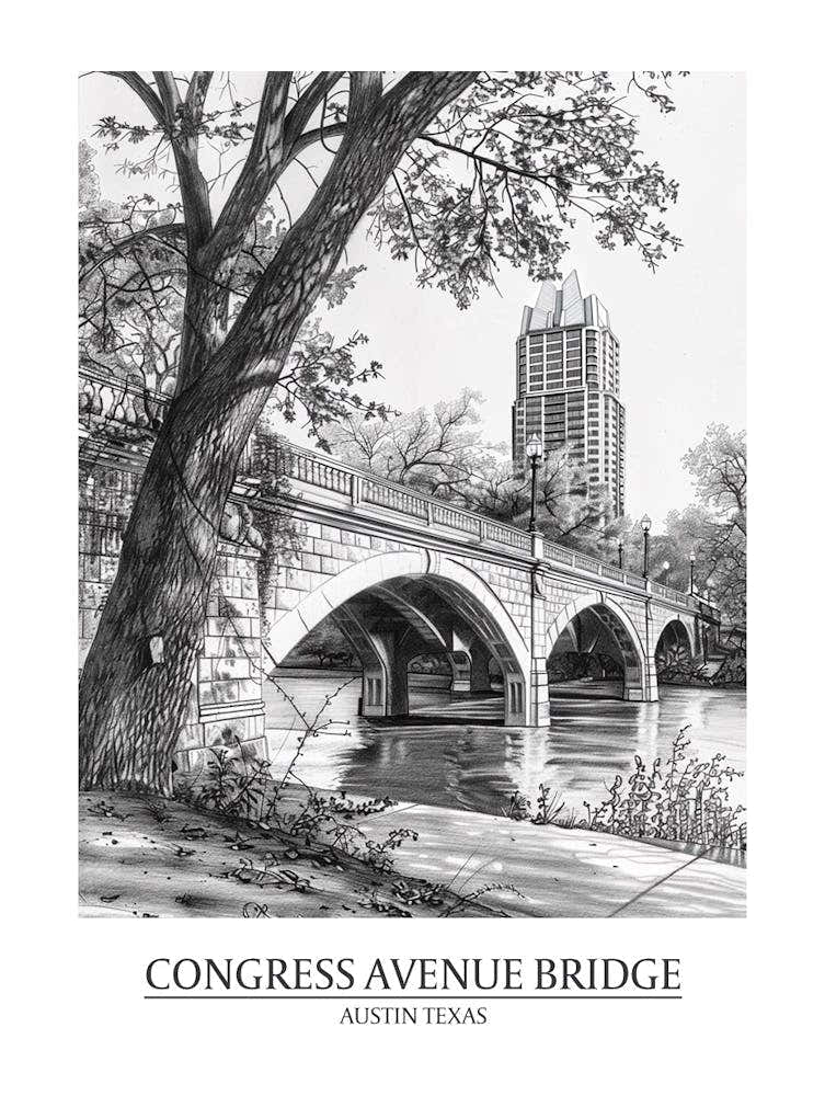 Congress Avenue Bridge Austin Texas Black And White Drawing 1 Poster