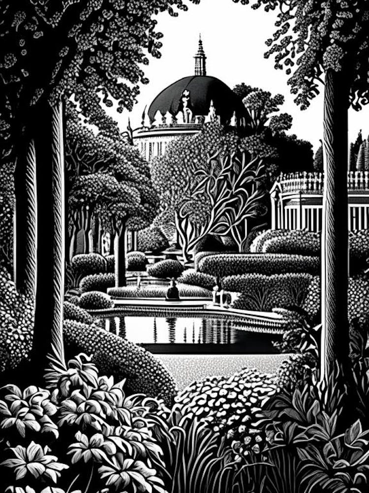 Versailles Gardens, 1, France Linocut Black And White Vintage
