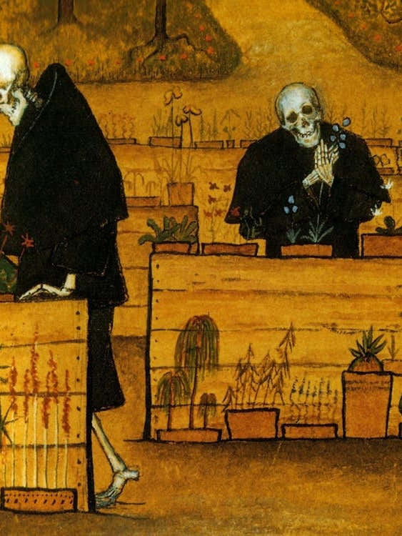 Garden of Death 1896 by Hugo Simberg ~ The Garden of Death (Finnish: Kuoleman puutarha; 1896) is a painting by Finnish symbolist painter Hugo Simberg. Like many of Simberg's paintings, it depicts a gloomy, otherworldly scene. The central figures are remin