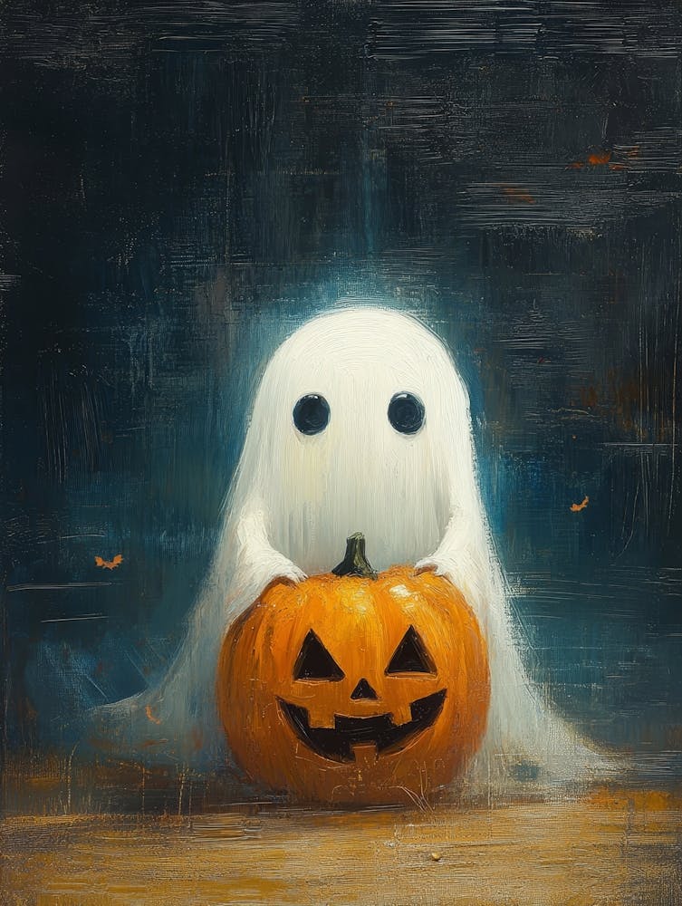 Oil Painting Of A Cute Ghost Holding A Jack O’ Lantern, Spooky Festive